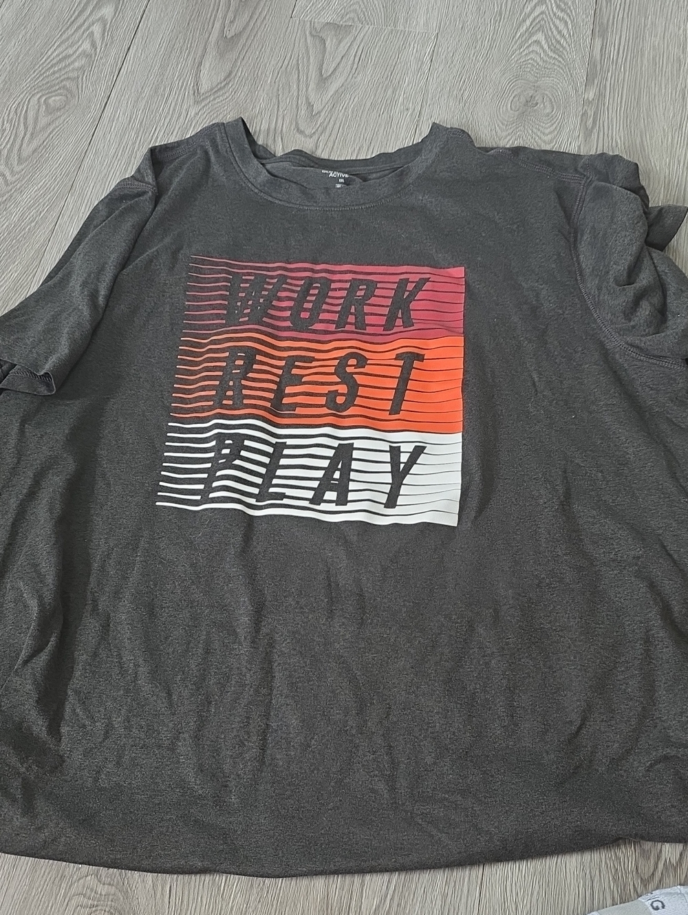 109 - Old Navy Charcoal Graphic Tee with Red and Orange Gradient Block